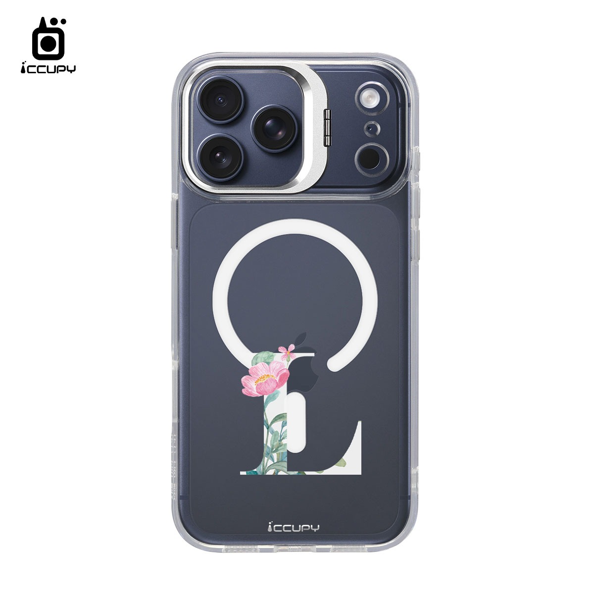 【花漾字母L｜白字】防摔立架手機殼(透明)For iPhone 17 Pro Max 6.9吋