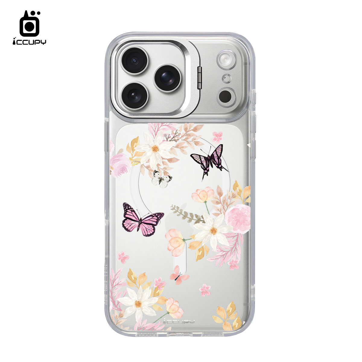 【浪漫花卉｜粉蝶舞花】防摔立架手機殼(透明) For iPhone 17 Pro Max 6.9吋