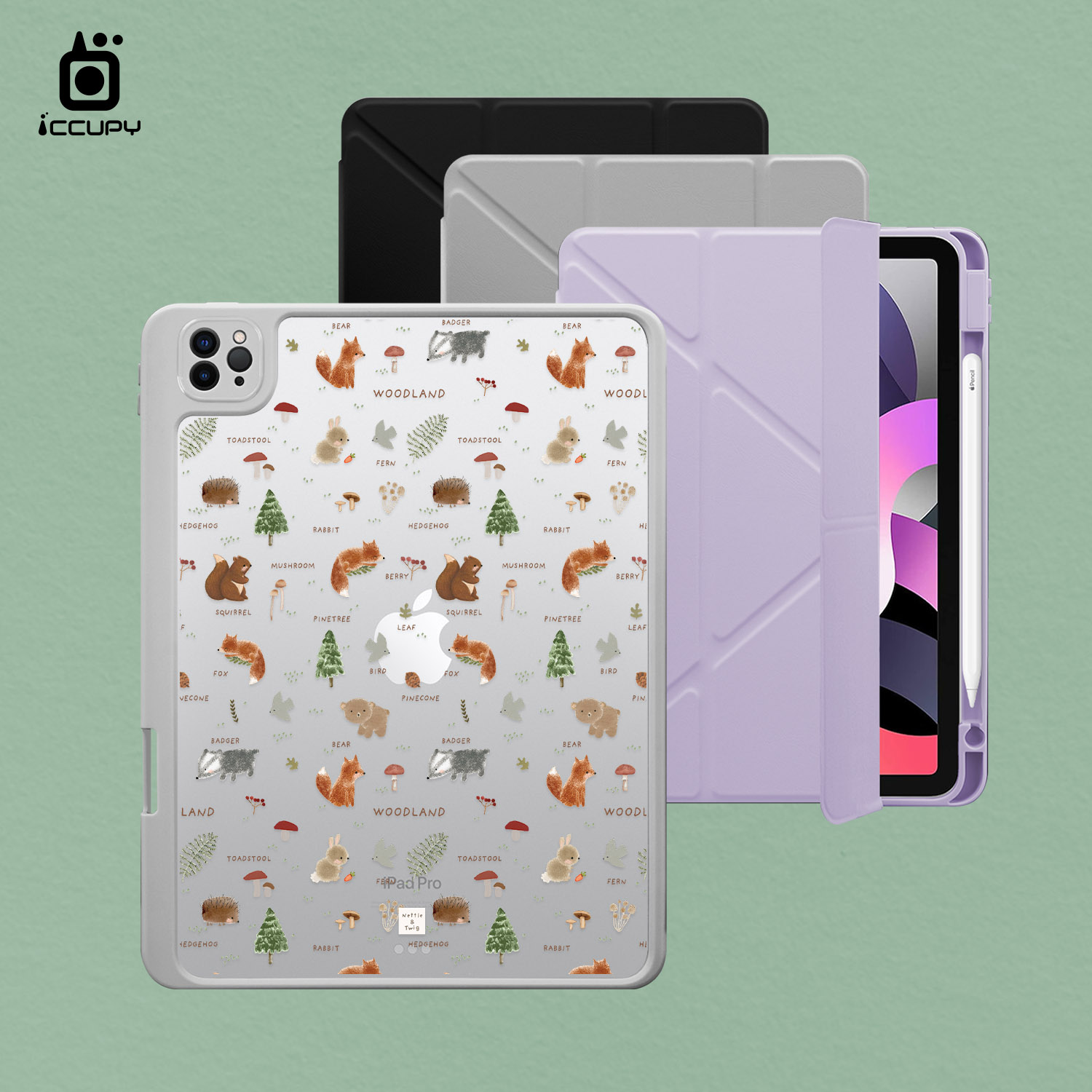 【森森物語｜森林裡的小動物A】黑占盾平板SN系列-卡扣式拆裝兩用(共三色) For iPad Pro(2022)11吋-黑占iCCUPY