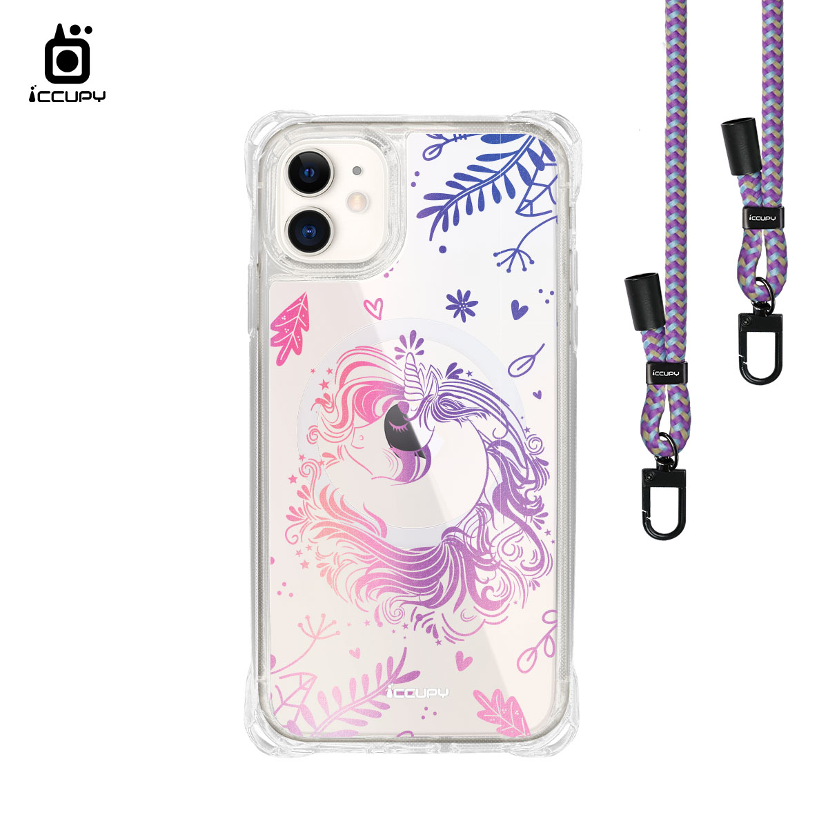 【獨角獸-粉紫】iQ CASE角粒殼3.0背帶掛繩防摔殼 (支援MagSafe) For iPhone 11-黑占iCCUPY