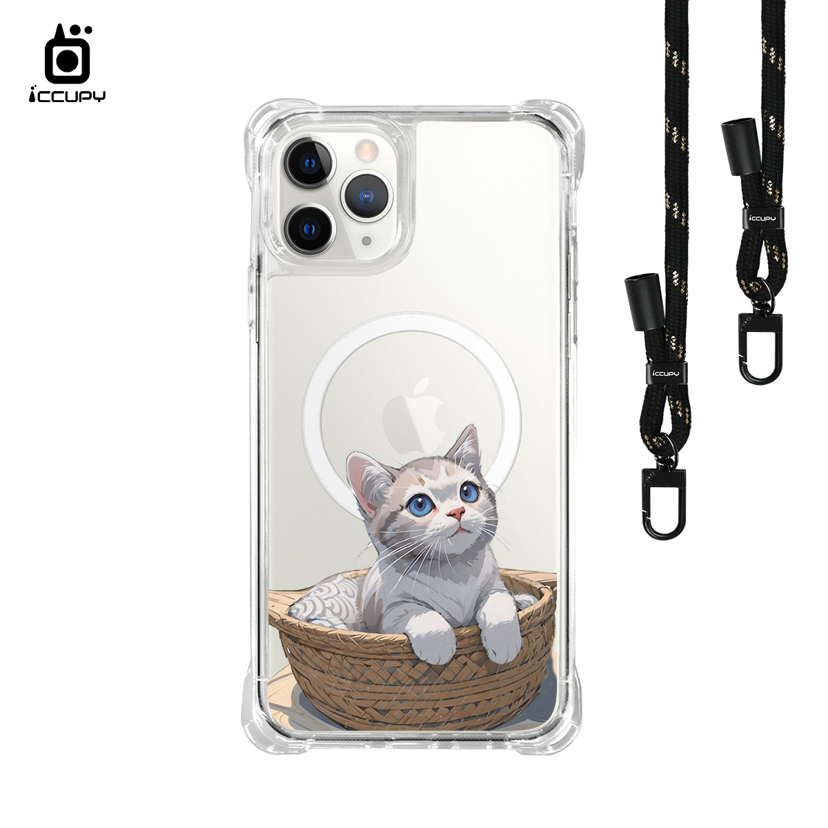 【韓系精緻似顏繪】iQ CASE角粒殼3.0背帶掛繩防摔殼 (支援MagSafe) For iPhone 11 Pro Max-黑占iCCUPY