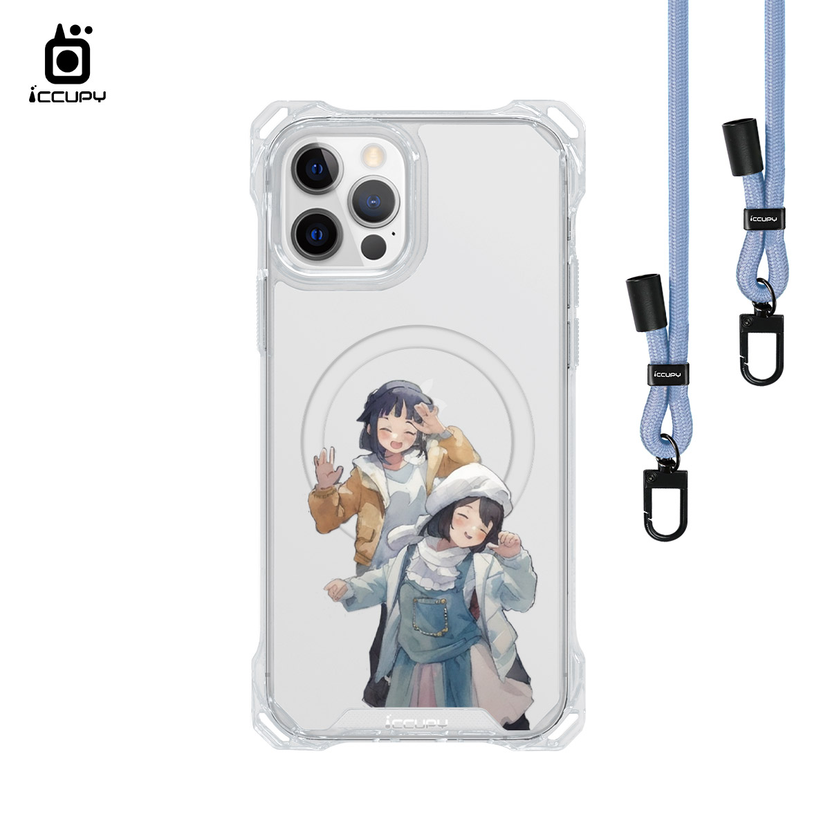 【日系水彩似顏繪】iQ CASE角粒殼3.0背帶掛繩防摔殼 (支援MagSafe) For iPhone 12 Pro Max-黑占iCCUPY
