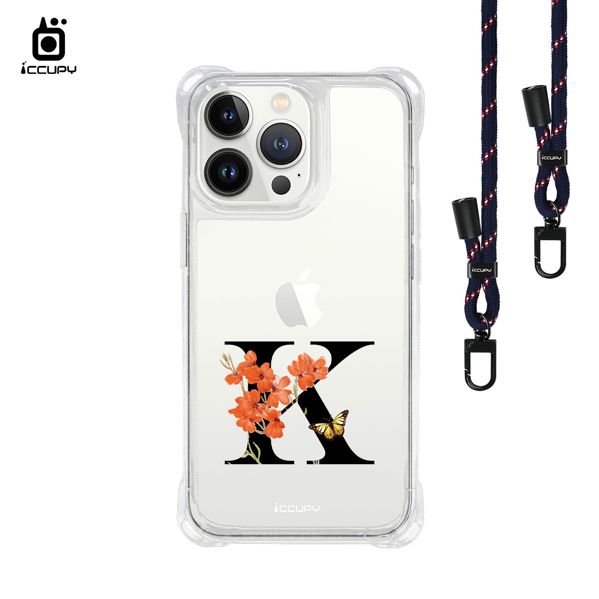 【花漾字母K|黑字】iQ CASE 角粒殼3.0背帶掛繩防摔殼 For iPhone 13 Pro-黑占iCCUPY