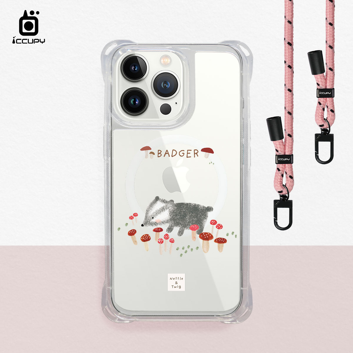 【森森物語|蘑菇小獾】iQ CASE角粒殼3.0背帶掛繩防摔殼 (支援MagSafe)For iPhone 13 Pro 6.1-黑占iCCUPY