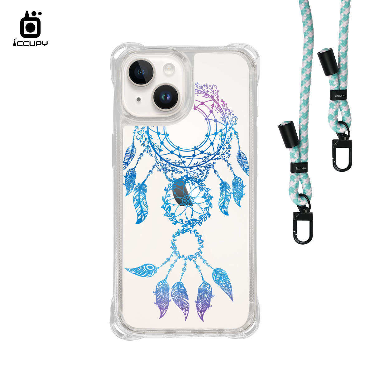 【捕夢網|細雨-藍紫】iQ CASE角粒殼3.0背帶掛繩防摔殼 For iPhone 14-黑占iCCUPY
