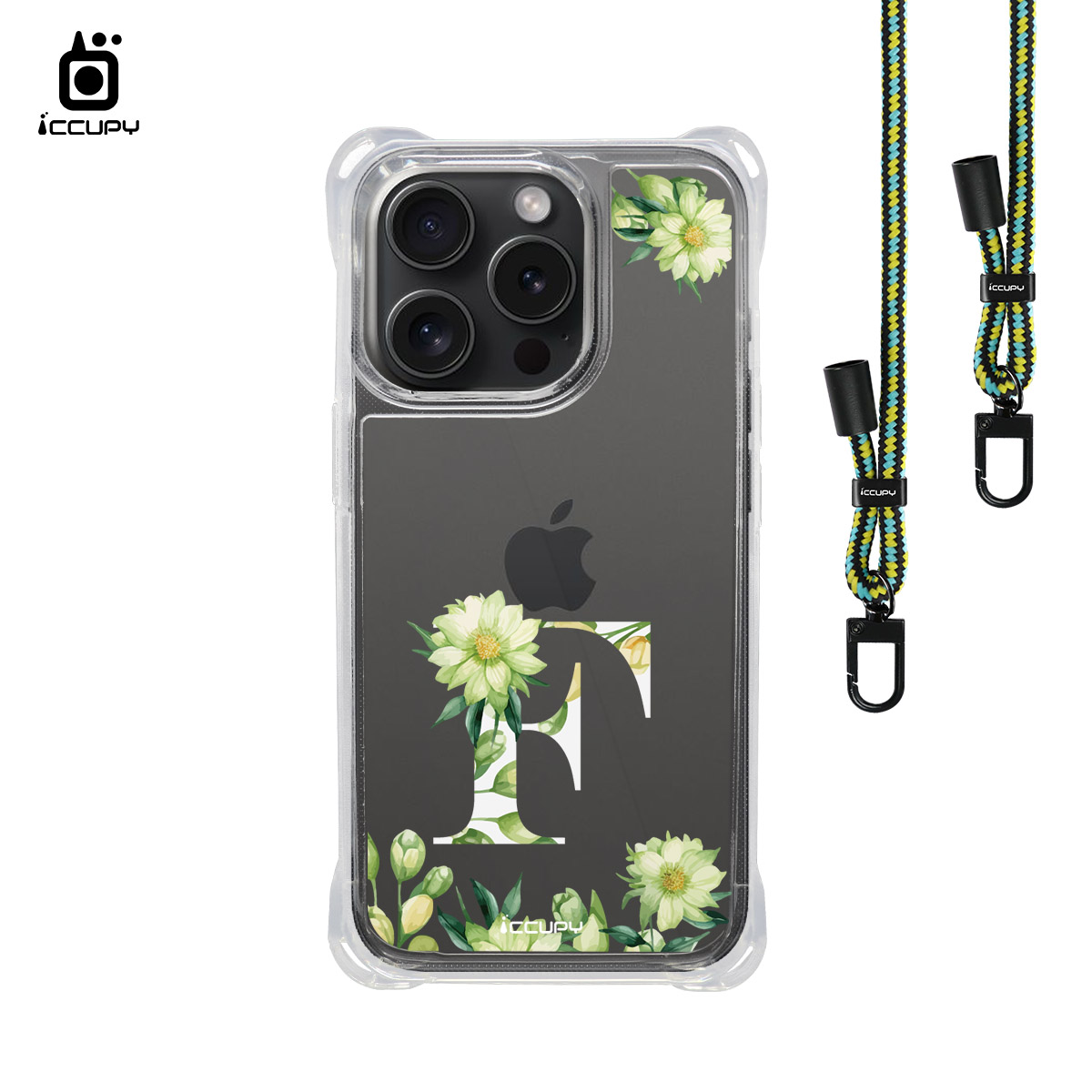 【花漾字母F｜花景+白字】iQ CASE 角粒殼3.0背帶掛繩防摔殼 For iPhone 14 Pro-黑占iCCUPY