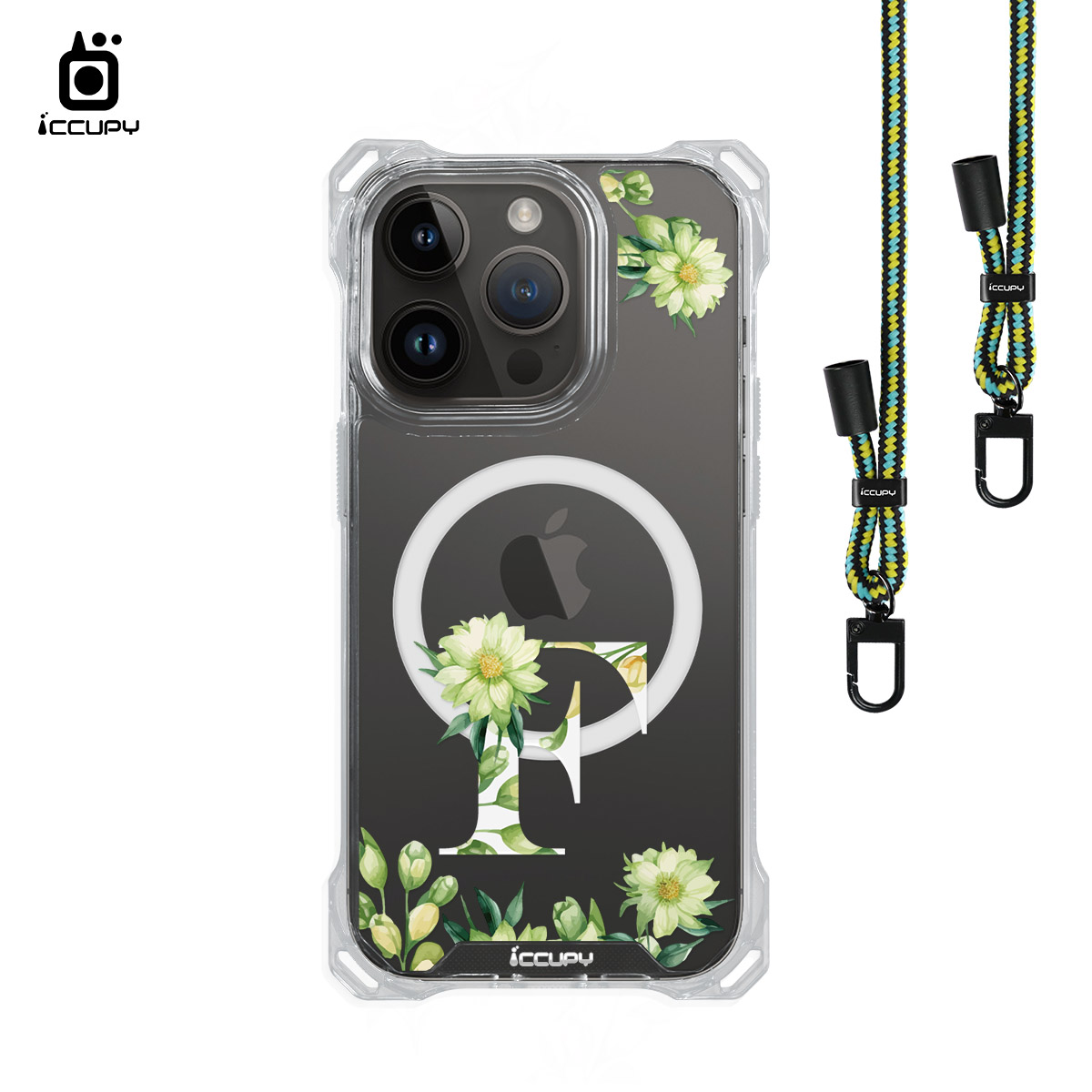 【花漾字母F｜花景+白字】iQ CASE 角粒殼3.0背帶掛繩防摔殼 (支援MagSafe) For iPhone 14 Pro-黑占iCCUPY