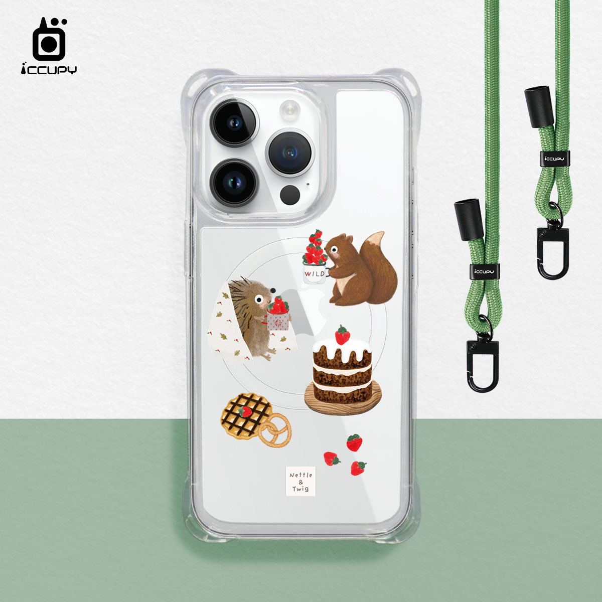 【森森物語|草莓小刺蝟】iQ CASE角粒殼3.0背帶掛繩防摔殼 (支援MagSafe)For iPhone 14 Pro-黑占iCCUPY