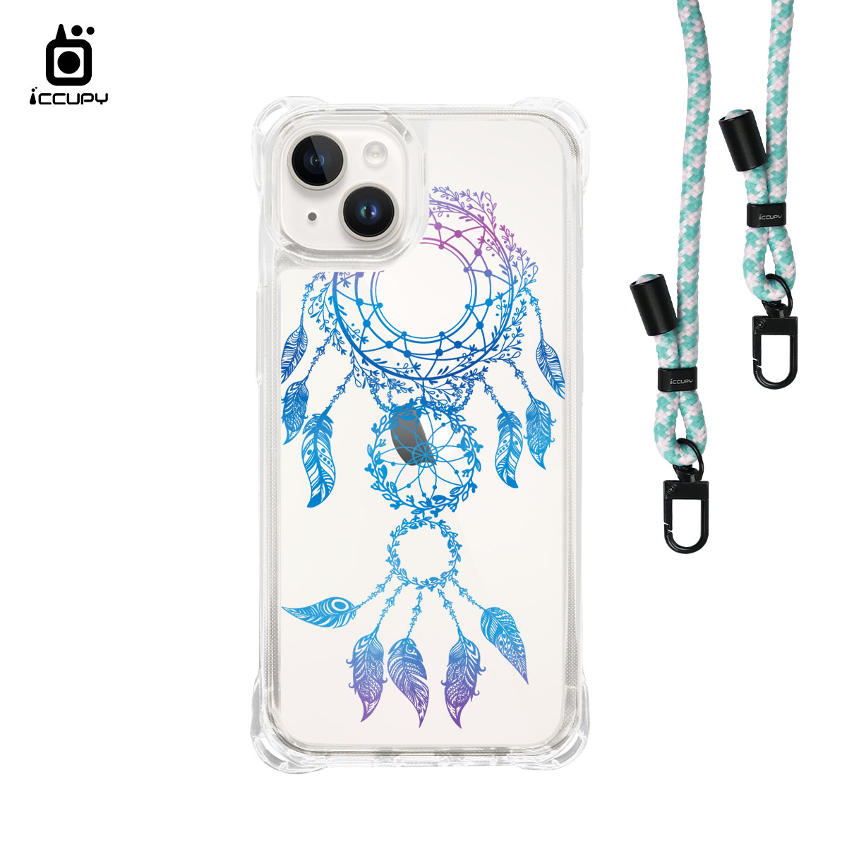 【捕夢網|細雨-藍紫】iQ CASE角粒殼3.0背帶掛繩防摔殼 For iPhone 14 Plus-黑占iCCUPY