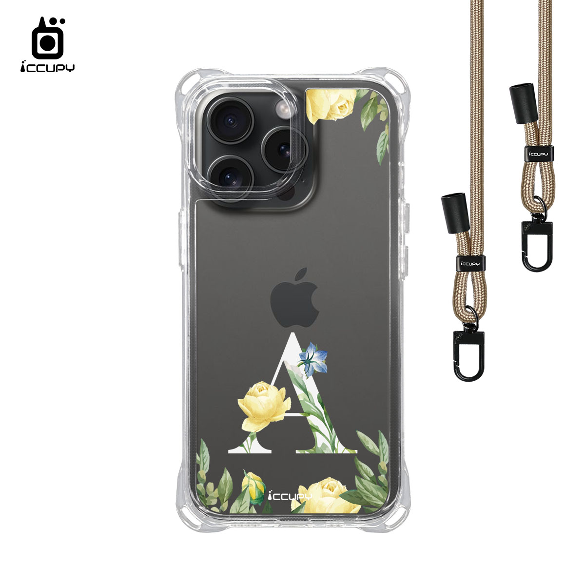 【花漾字母A | 花景+白字】iQ CASE 角粒殼3.0背帶掛繩防摔殼 For iPhone 15-黑占iCCUPY