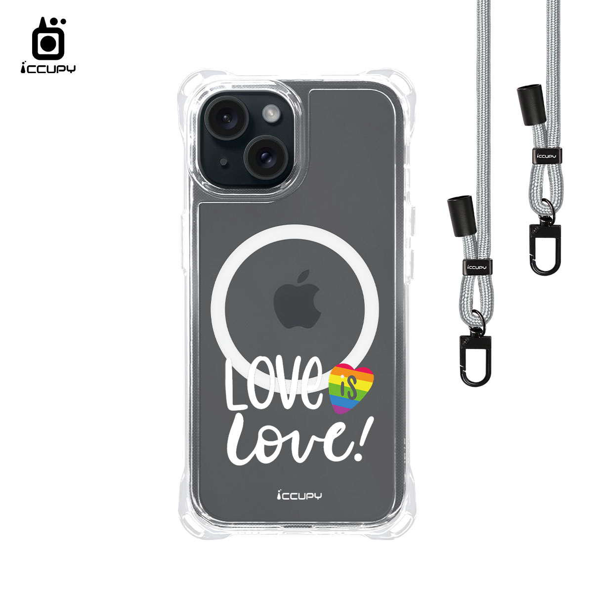 【LGBTQIA+🌈|就是愛 (白)】iQ CASE角粒殼3.0背帶掛繩防摔殼 (支援MagSafe) For iPhone 15 -黑占iCCUPY