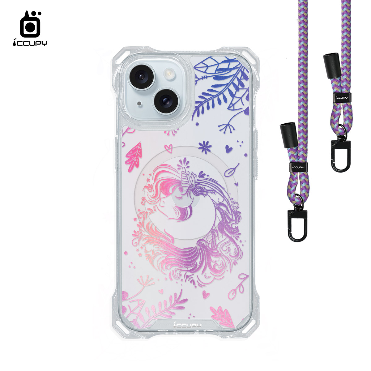 【獨角獸-粉紫】iQ CASE角粒殼3.0背帶掛繩防摔殼 (支援MagSafe) For iPhone 15-黑占iCCUPY