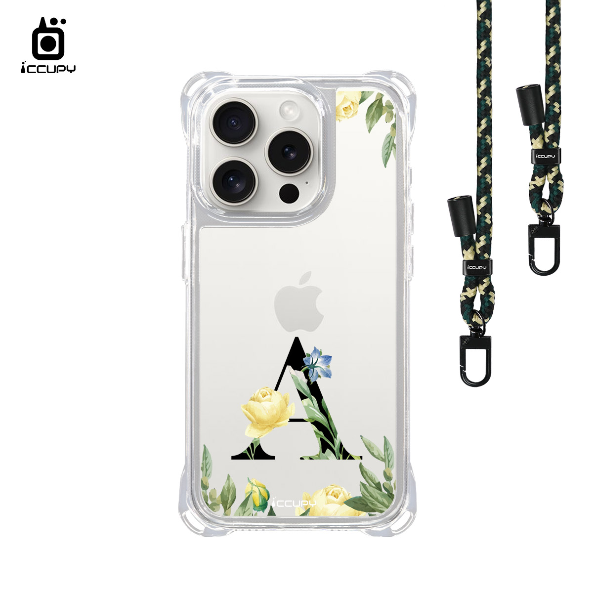 【花漾字母A | 花景+黑字】iQ CASE 角粒殼3.0背帶掛繩防摔殼 For iPhone 15 Pro-黑占iCCUPY