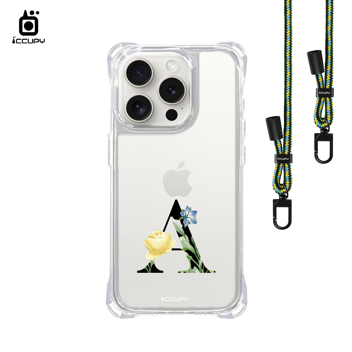 【花漾字母A | 黑字】iQ CASE 角粒殼3.0背帶掛繩防摔殼 For iPhone 15 Pro-黑占iCCUPY