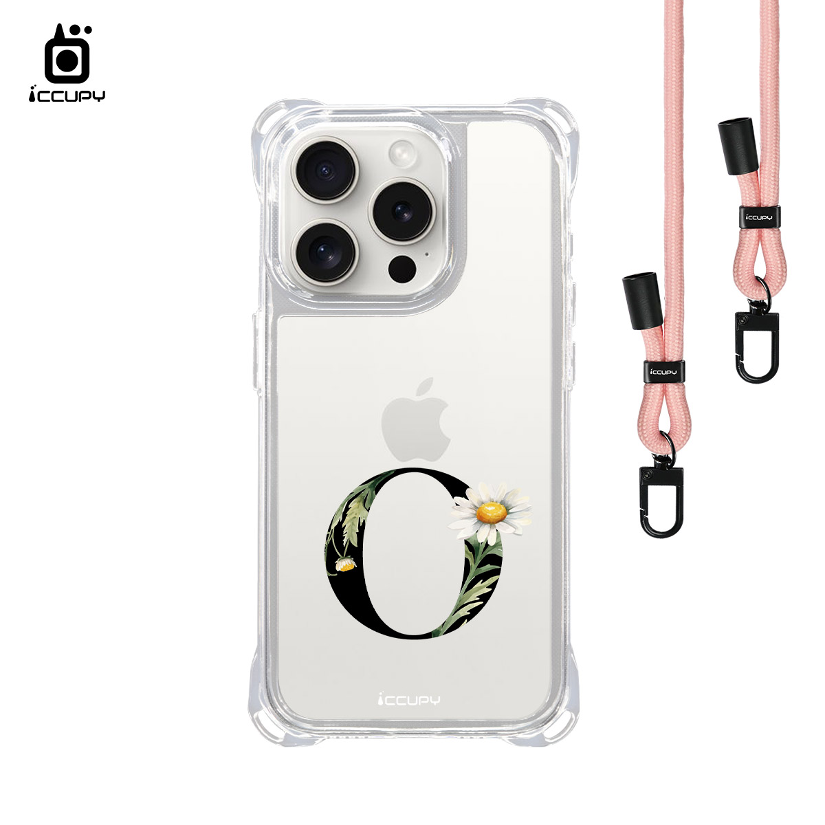 【花漾字母O|黑字】iQ CASE 角粒殼3.0背帶掛繩防摔殼 For iPhone 15 Pro-黑占iCCUPY