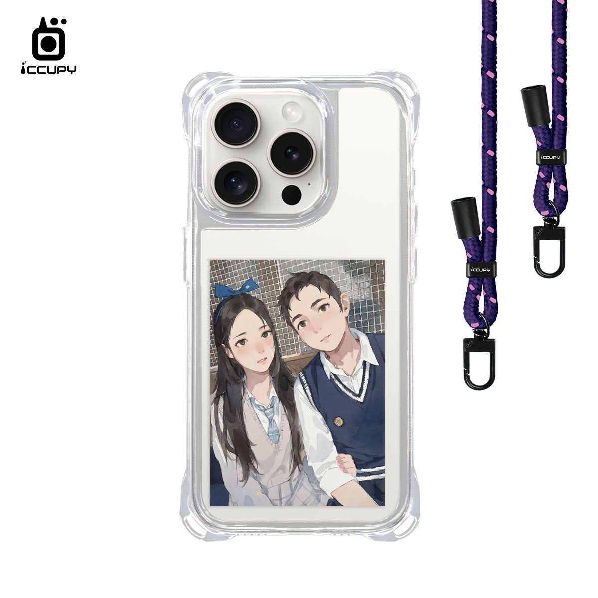 【日系水彩似顏繪】iQ CASE角粒殼3.0背帶掛繩防摔殼 For iPhone 15 Pro -黑占iCCUPY