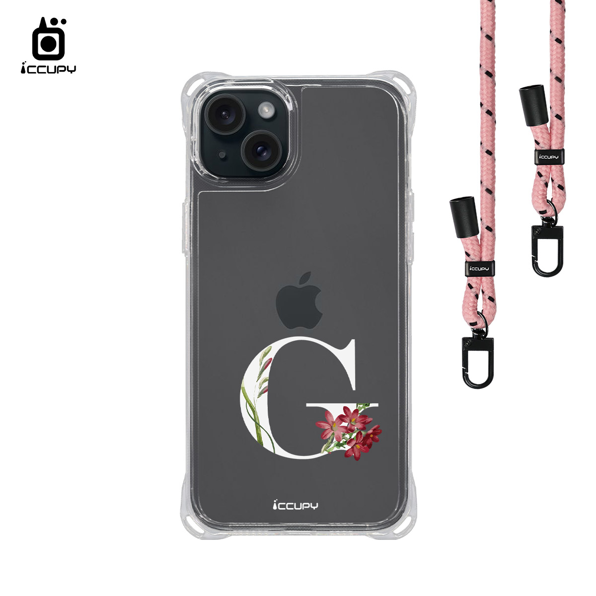 【花漾字母G|白字】iQ CASE 角粒殼3.0背帶掛繩防摔殼 For iPhone 15 Plus-黑占iCCUPY