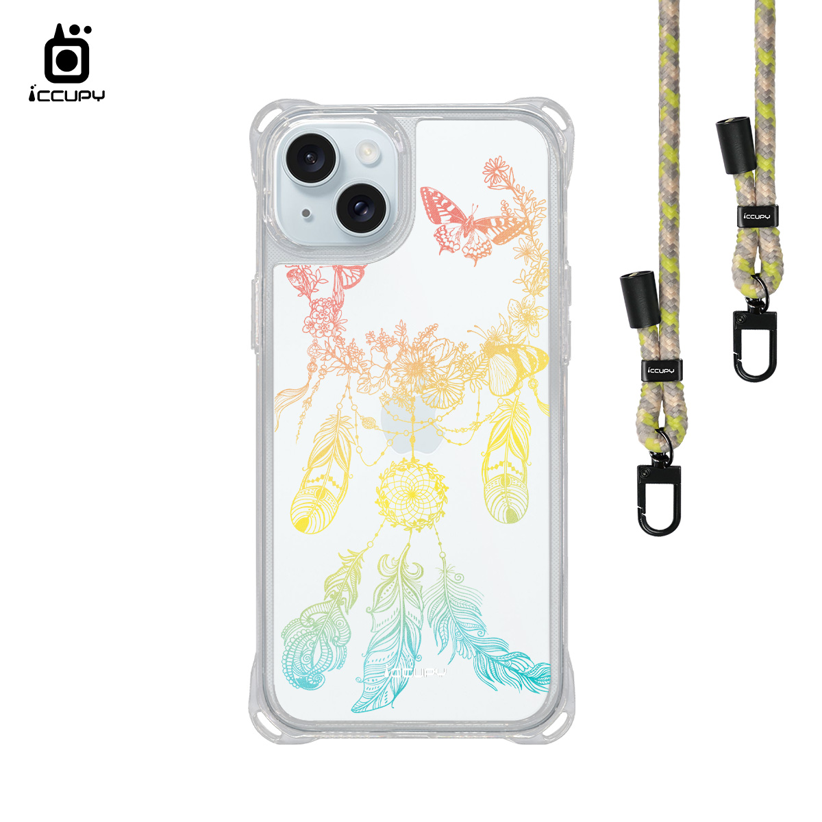 【捕夢網｜流雲-紅綠】iQ CASE角粒殼3.0背帶掛繩防摔殼 For iPhone 15 Plus-黑占iCCUPY