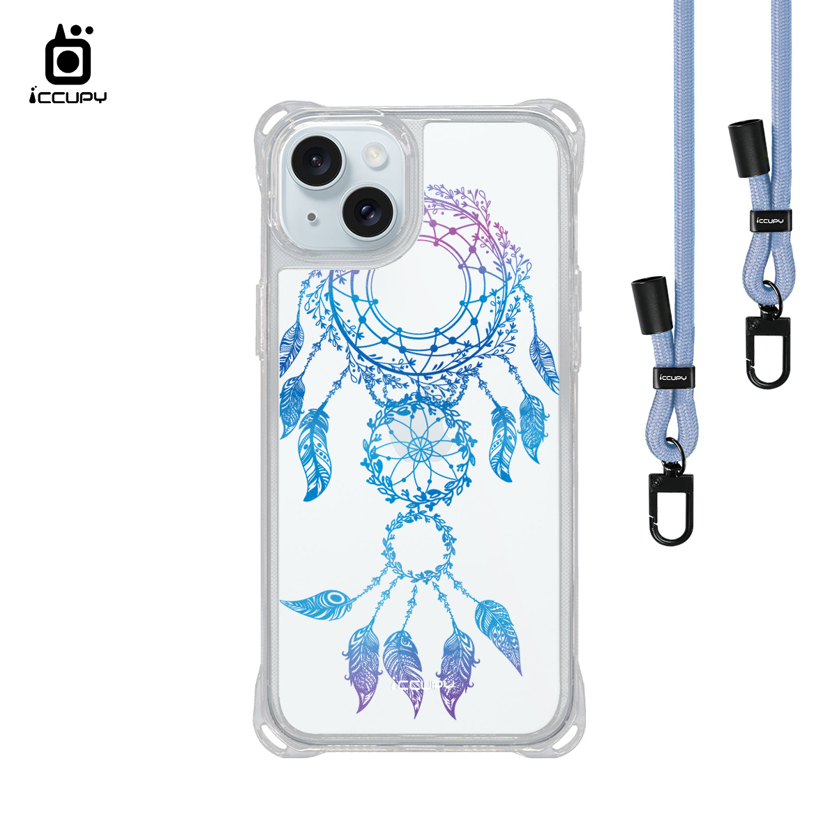 【捕夢網|細雨-藍紫】iQ CASE角粒殼3.0背帶掛繩防摔殼 For iPhone 15 Plus-黑占iCCUPY