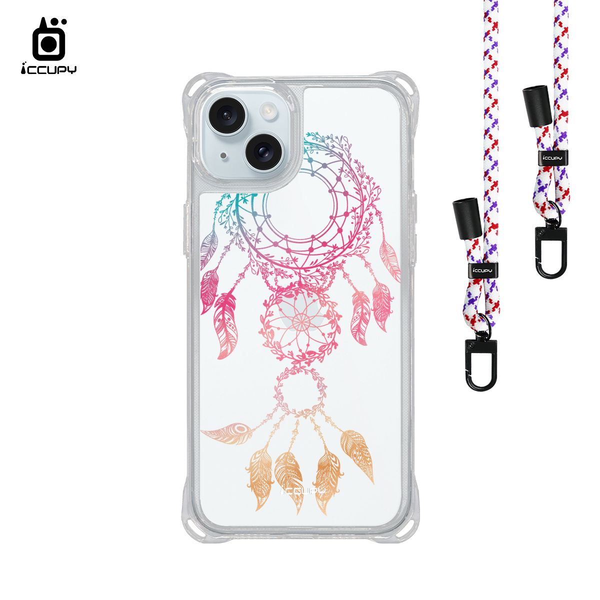 【捕夢網|細雨-紅棕】iQ CASE角粒殼3.0背帶掛繩防摔殼 For iPhone 15 Plus-黑占iCCUPY