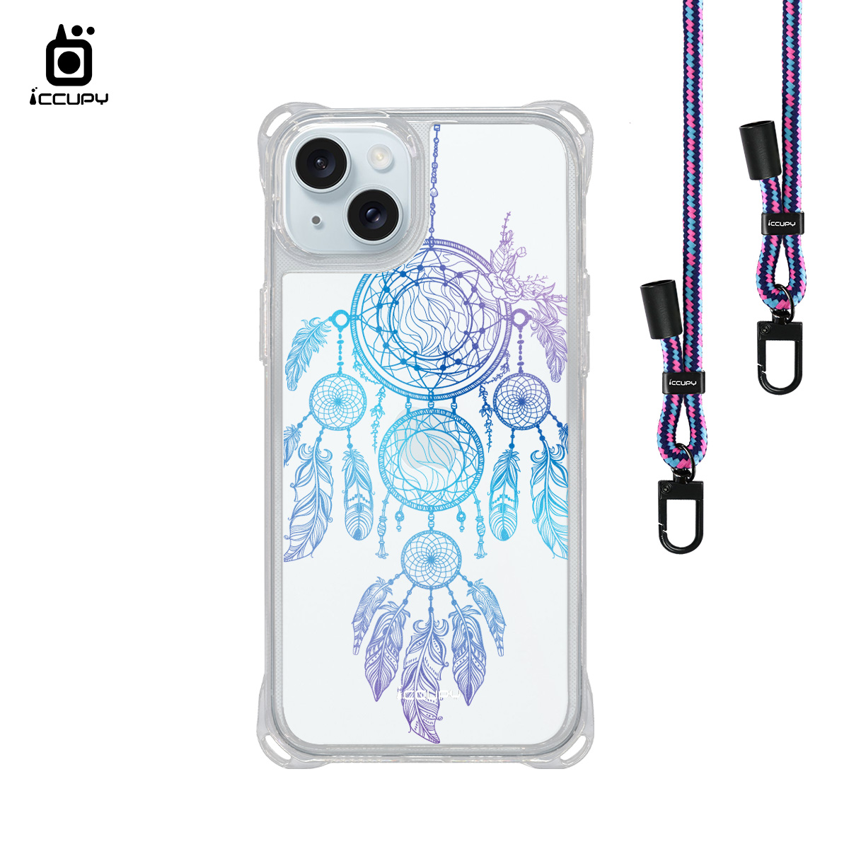 【捕夢網|曉月-藍紫】iQ CASE角粒殼3.0背帶掛繩防摔殼 For iPhone 15 Plus-黑占iCCUPY