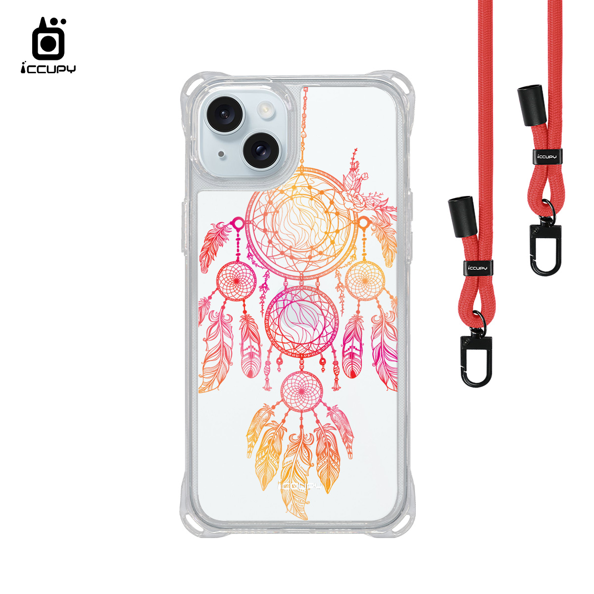 【捕夢網|曉月-橘紅】iQ CASE角粒殼3.0背帶掛繩防摔殼 For iPhone 15 Plus-黑占iCCUPY