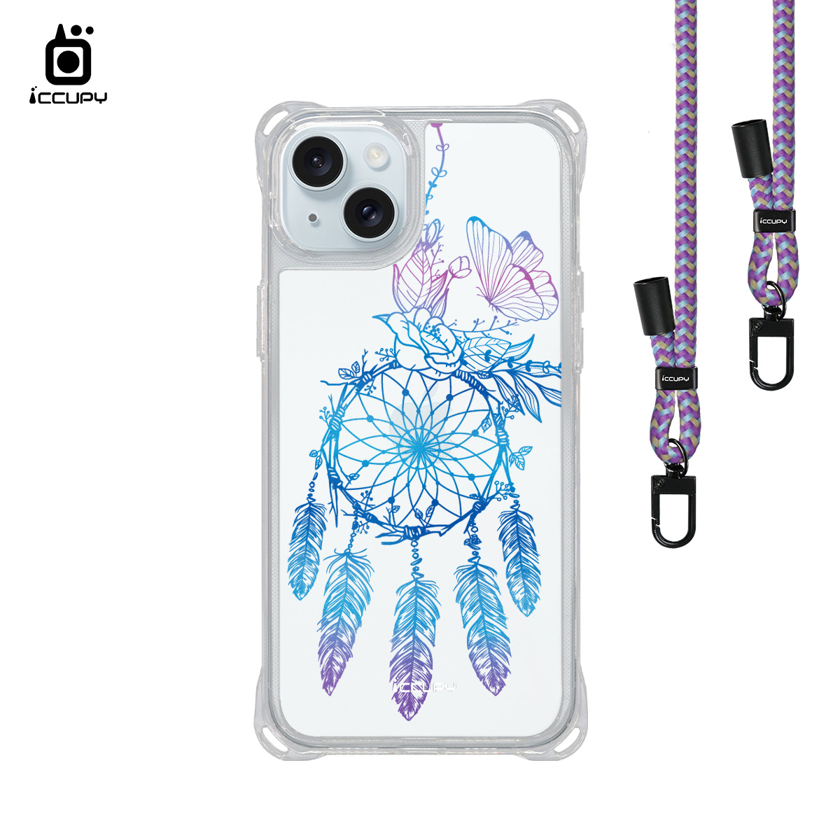 【捕夢網|蒼穹-藍紫】iQ CASE角粒殼3.0背帶掛繩防摔殼 For iPhone 15 Plus-黑占iCCUPY