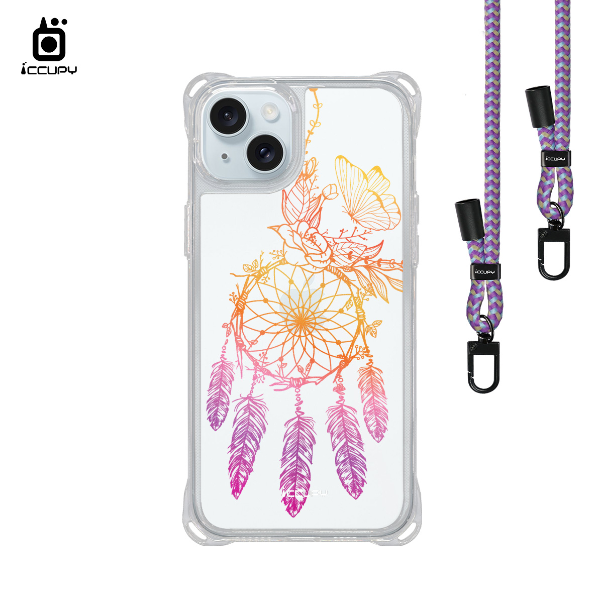 【捕夢網|蒼穹-粉紫】iQ CASE角粒殼3.0背帶掛繩防摔殼 For iPhone 15 Plus-黑占iCCUPY