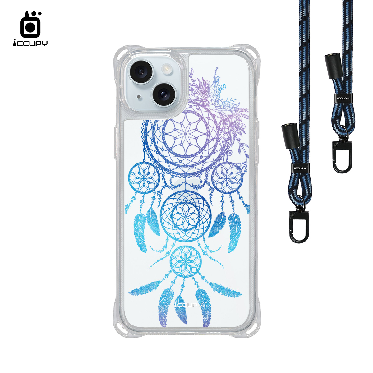 【捕夢網|繁星-藍紫】iQ CASE角粒殼3.0背帶掛繩防摔殼 For iPhone 15 Plus-黑占iCCUPY