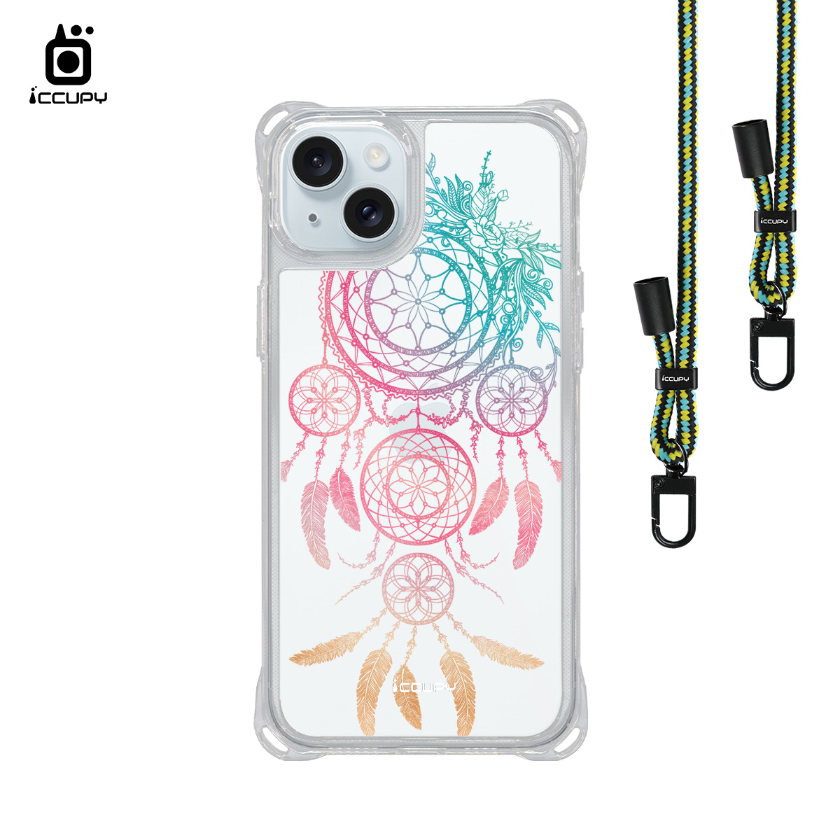 【捕夢網|繁星-粉綠】iQ CASE角粒殼3.0背帶掛繩防摔殼 For iPhone 15 Plus-黑占iCCUPY