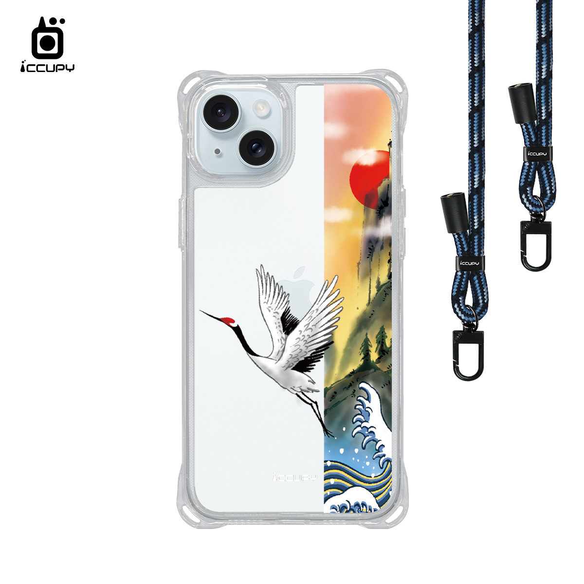 【淨恆HERMAN|山海與鶴】iQ CASE角粒殼3.0背帶掛繩防摔殼 For iPhone 15 Plus-黑占iCCUPY
