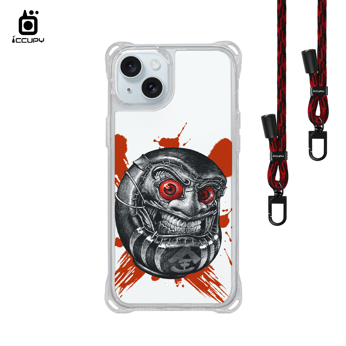 【淨恆HERMAN|狂笑不倒翁】iQ CASE角粒殼3.0背帶掛繩防摔殼 For iPhone 15 Plus-黑占iCCUPY