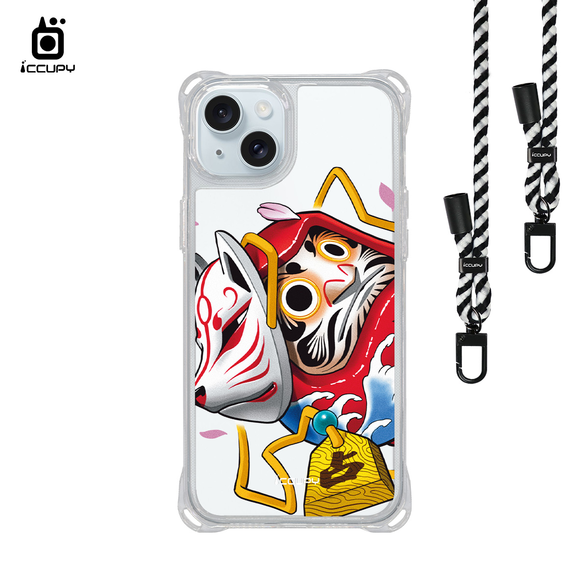 【淨恆HERMAN|狐面不倒翁】iQ CASE角粒殼3.0背帶掛繩防摔殼 For iPhone 15 Plus-黑占iCCUPY