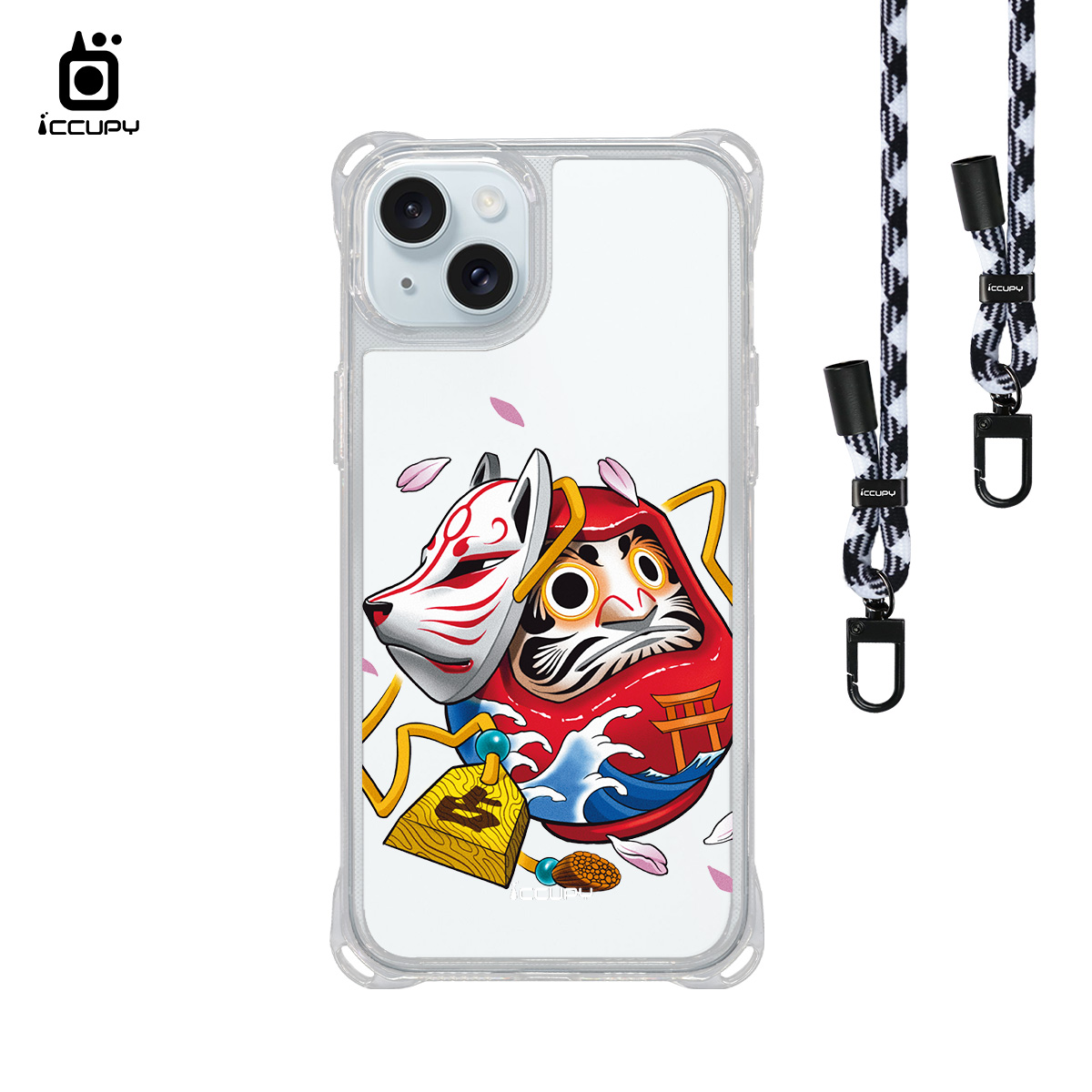 【淨恆HERMAN|狐面不倒翁S】iQ CASE角粒殼3.0背帶掛繩防摔殼 For iPhone 15 Plus-黑占iCCUPY