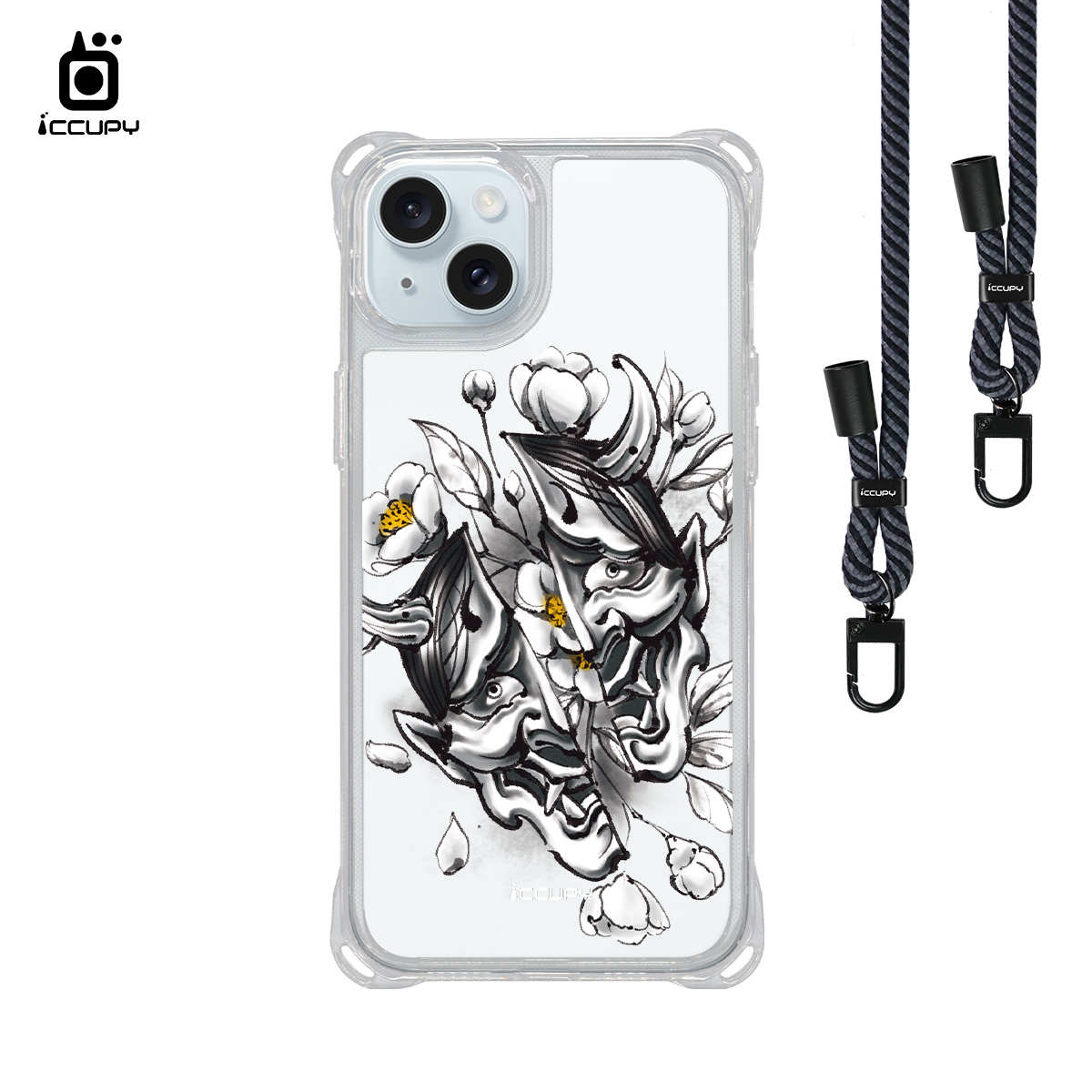【淨恆HERMAN|般若與沙羅花】iQ CASE角粒殼3.0背帶掛繩防摔殼 For iPhone 15 Plus-黑占iCCUPY