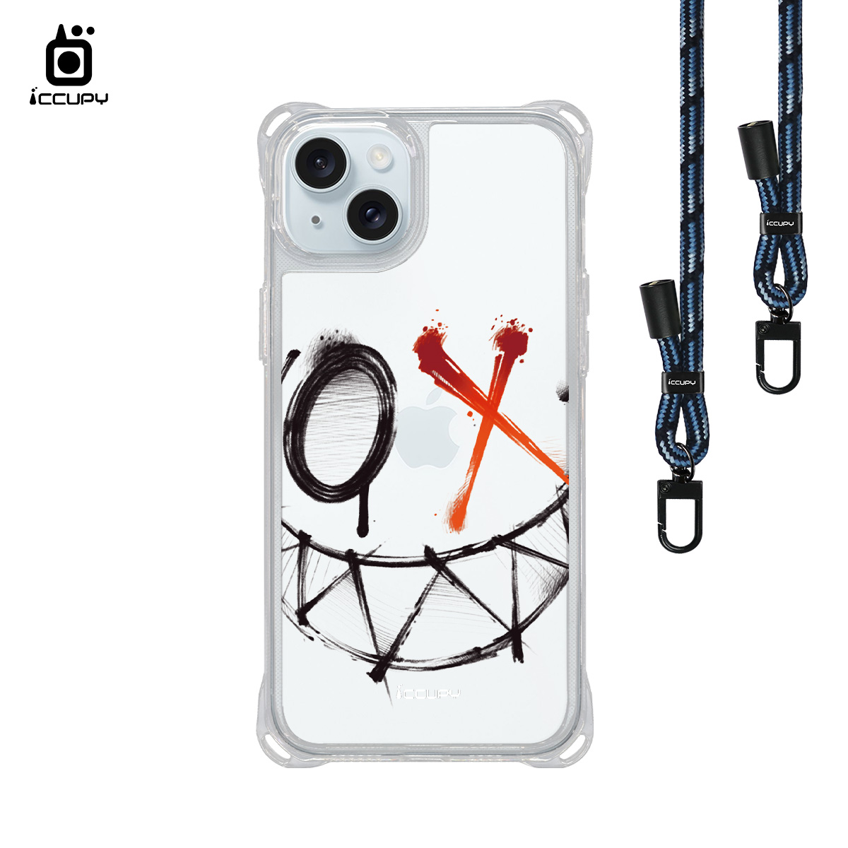 【淨恆HERMAN|瘋狂笑靨】iQ CASE角粒殼3.0背帶掛繩防摔殼 For iPhone 15 Plus-黑占iCCUPY