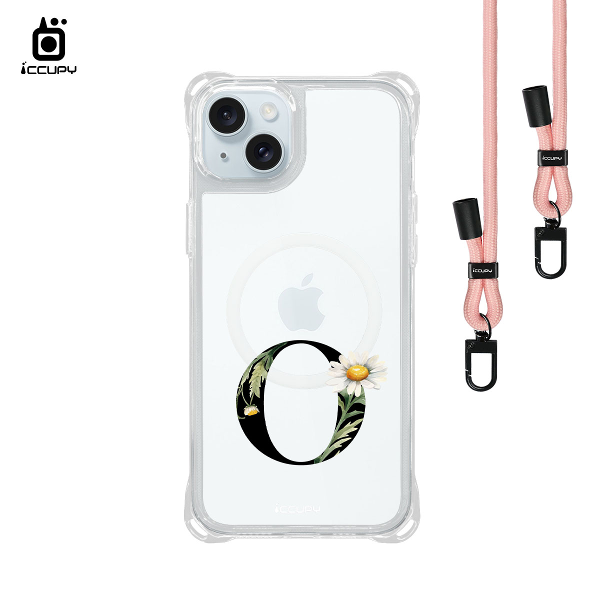 【花漾字母O|黑字】iQ CASE 角粒殼3.0背帶掛繩防摔殼 (支援MagSafe) For iPhone 15 Plus-黑占iCCUPY