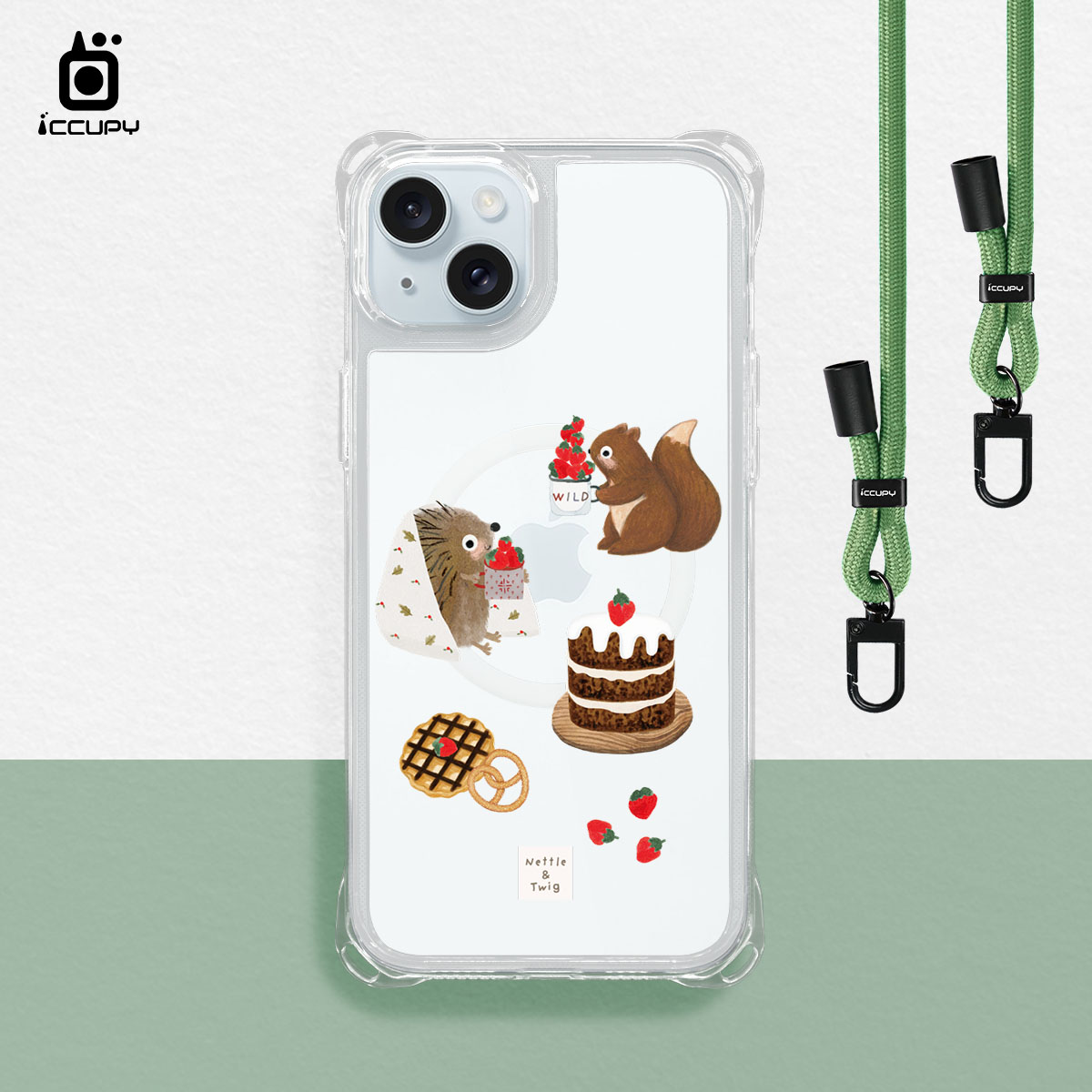 【森森物語|草莓小刺蝟】iQ CASE角粒殼3.0背帶掛繩防摔殼 (支援MagSafe)For iPhone 15 Plus-黑占iCCUPY