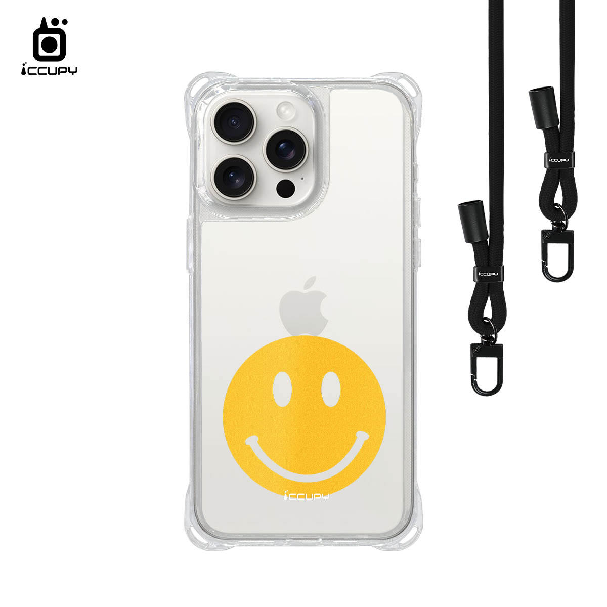 【大笑臉-暖黃】iQ CASE角粒殼3.0背帶掛繩防摔殼 For iPhone 15 Pro Max-黑占iCCUPY