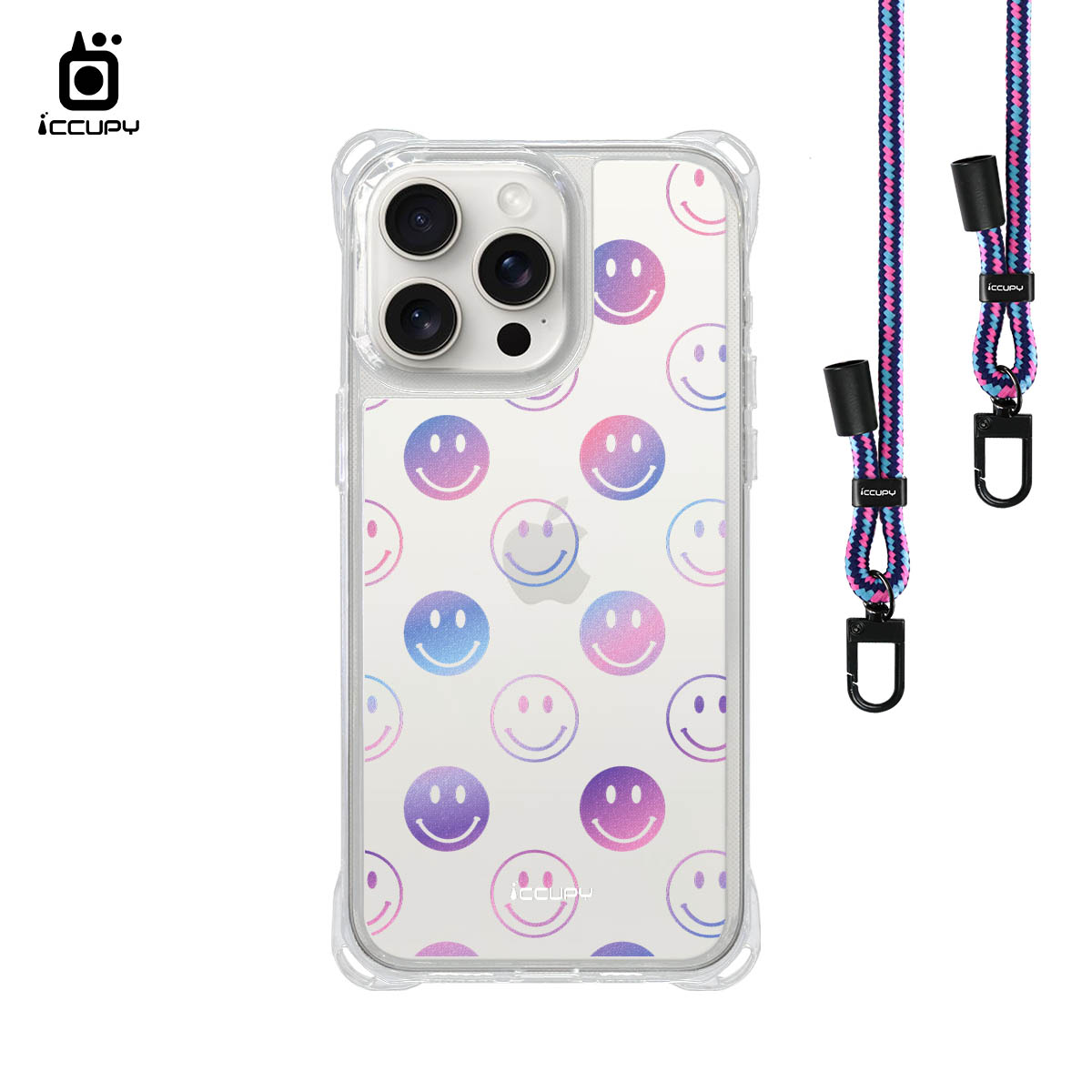 【小笑臉-藍紫】iQ CASE角粒殼3.0背帶掛繩防摔殼 For iPhone 15 Pro Max-黑占iCCUPY