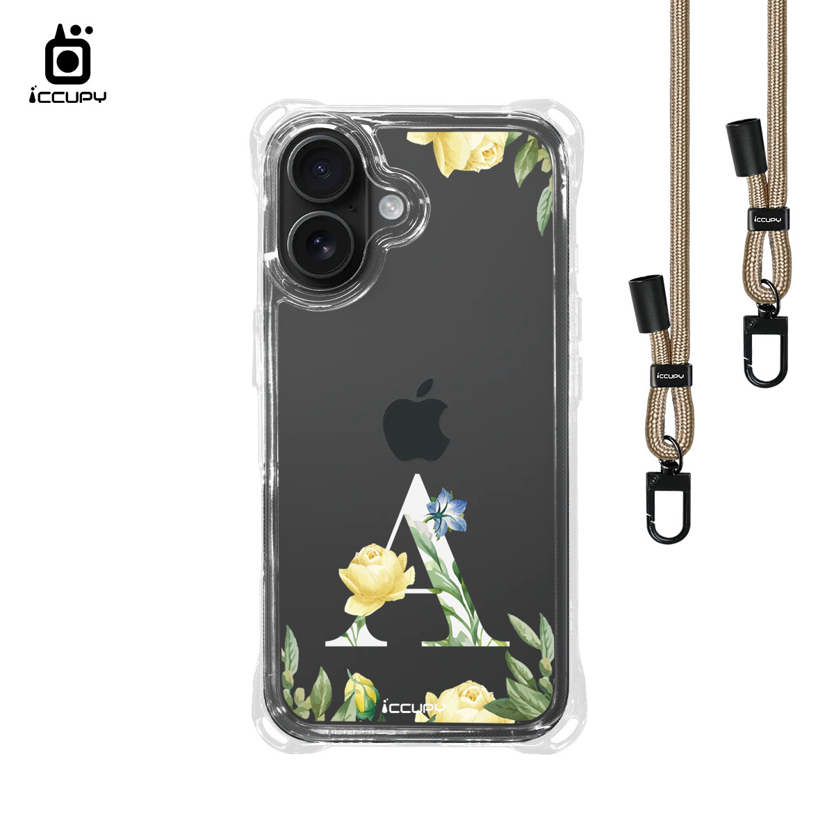 【花漾字母A | 花景+白字】iQ CASE 角粒殼3.0背帶掛繩防摔殼 For iPhone 16-黑占iCCUPY