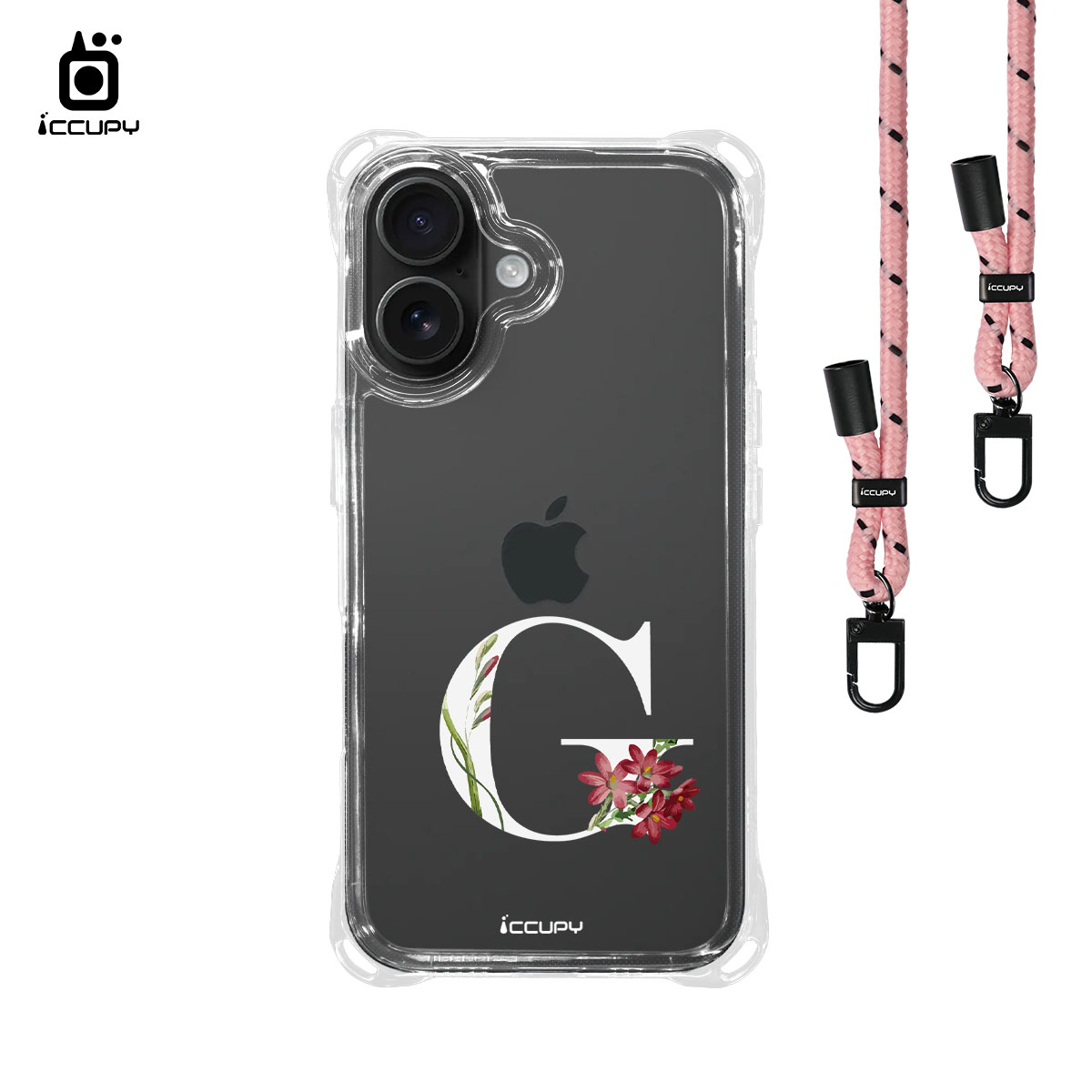 【花漾字母G｜白字】iQ CASE 角粒殼3.0背帶掛繩防摔殼 For iPhone 16-黑占iCCUPY