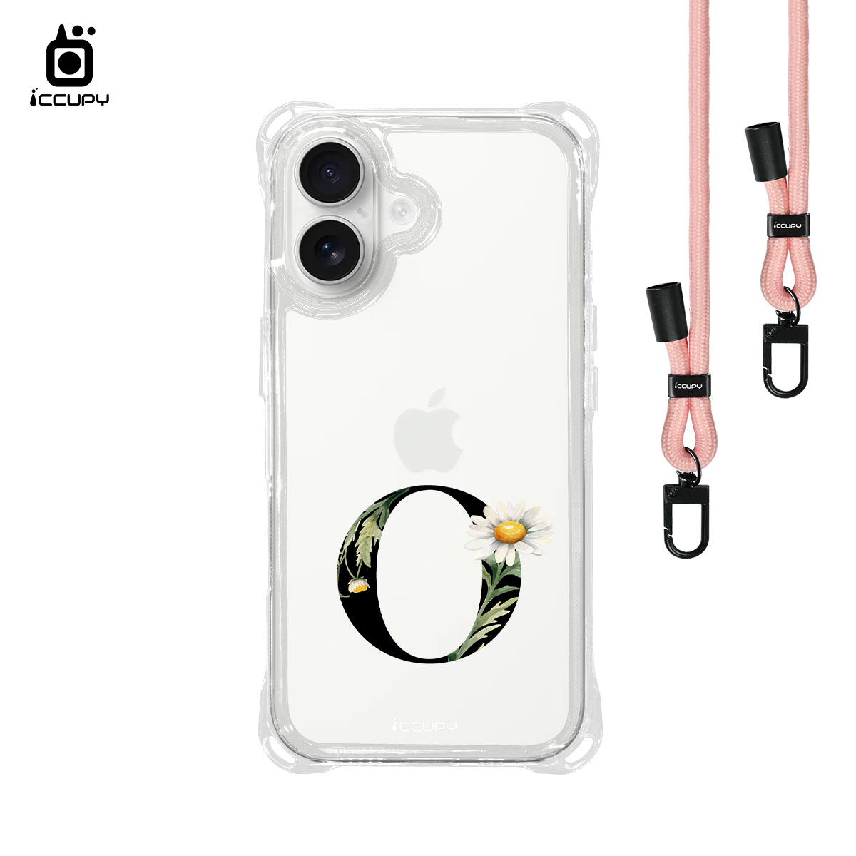 【花漾字母O｜黑字】iQ CASE 角粒殼3.0背帶掛繩防摔殼 For iPhone 16-黑占iCCUPY