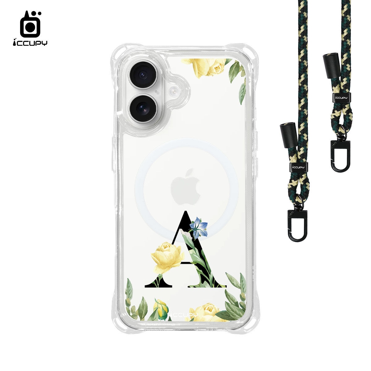 【花漾字母A | 花景+黑字】iQ CASE 角粒殼3.0背帶掛繩防摔殼 (支援MagSafe) For iPhone 16-黑占iCCUPY