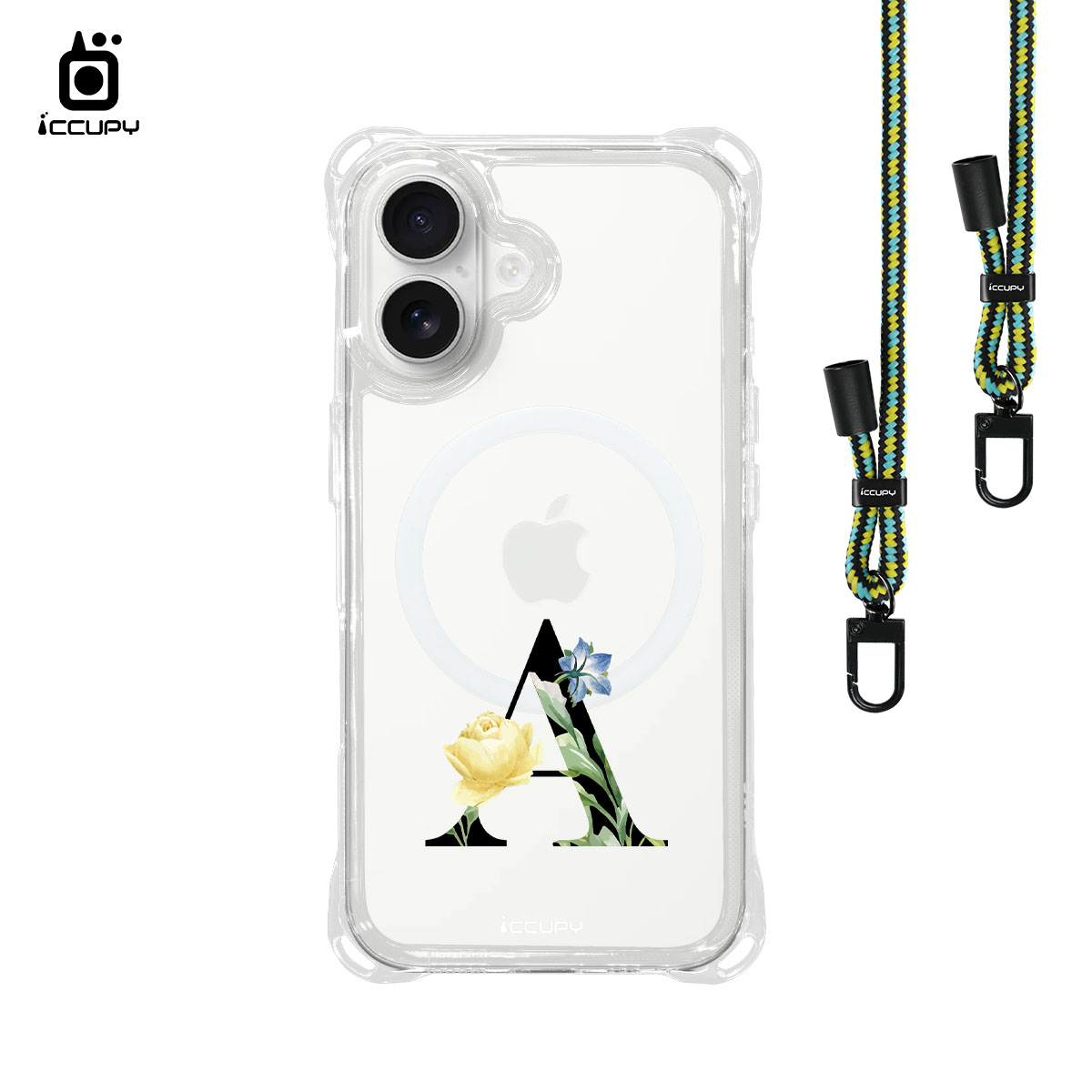 【花漾字母A | 黑字】iQ CASE 角粒殼3.0背帶掛繩防摔殼 (支援MagSafe) For iPhone 16-黑占iCCUPY