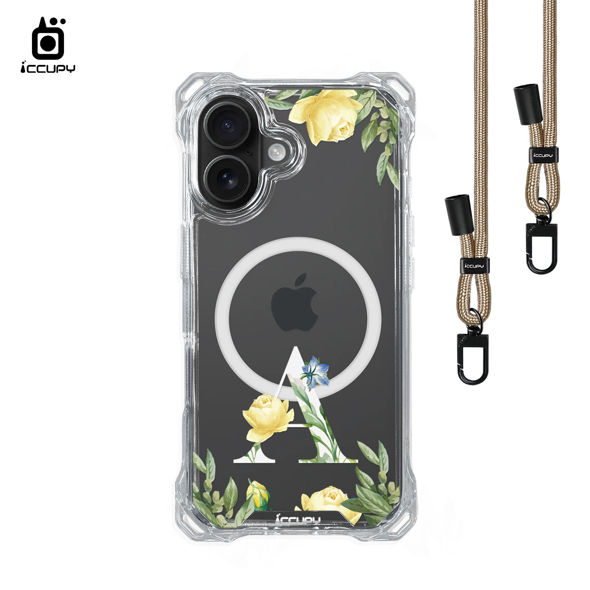 【花漾字母A | 花景+白字】iQ CASE 角粒殼3.0背帶掛繩防摔殼 (支援MagSafe) For iPhone 16-黑占iCCUPY