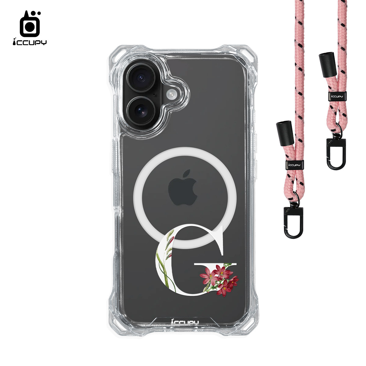 【花漾字母G｜白字】iQ CASE 角粒殼3.0背帶掛繩防摔殼 (支援MagSafe) For iPhone 16-黑占iCCUPY