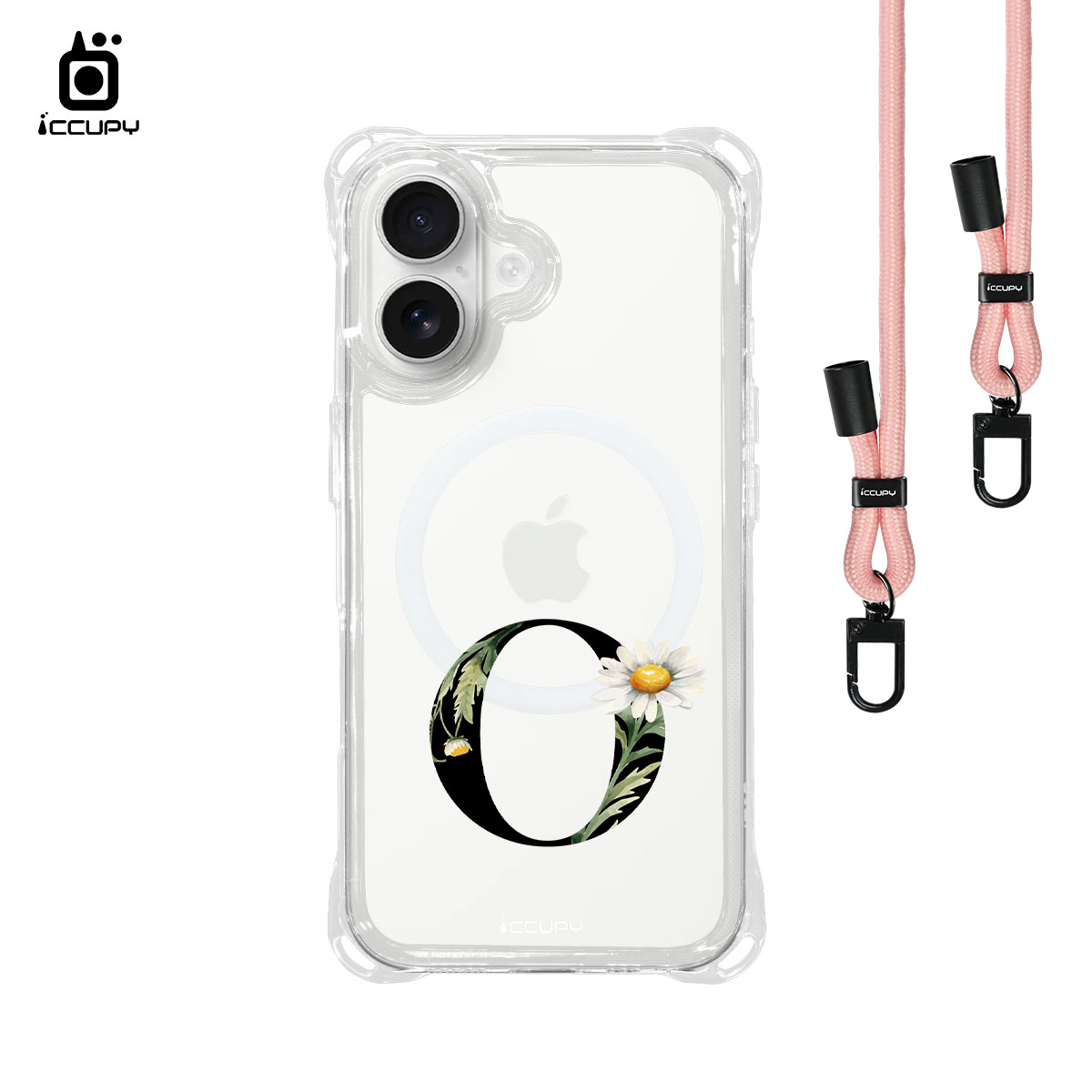 【花漾字母O|黑字】iQ CASE 角粒殼3.0背帶掛繩防摔殼 (支援MagSafe) For iPhone 16-黑占iCCUPY