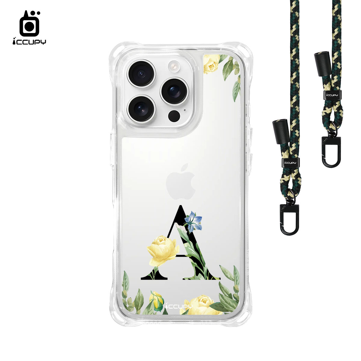 【花漾字母A | 花景+黑字】iQ CASE 角粒殼3.0背帶掛繩防摔殼 For iPhone 16 Pro-黑占iCCUPY