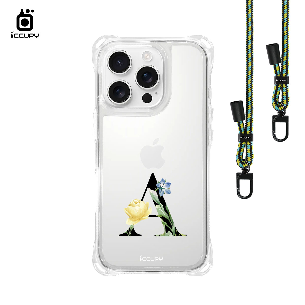 【花漾字母A | 黑字】iQ CASE 角粒殼3.0背帶掛繩防摔殼 For iPhone 16 Pro-黑占iCCUPY